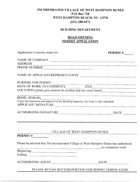 First page of the Road Opening Permit Application