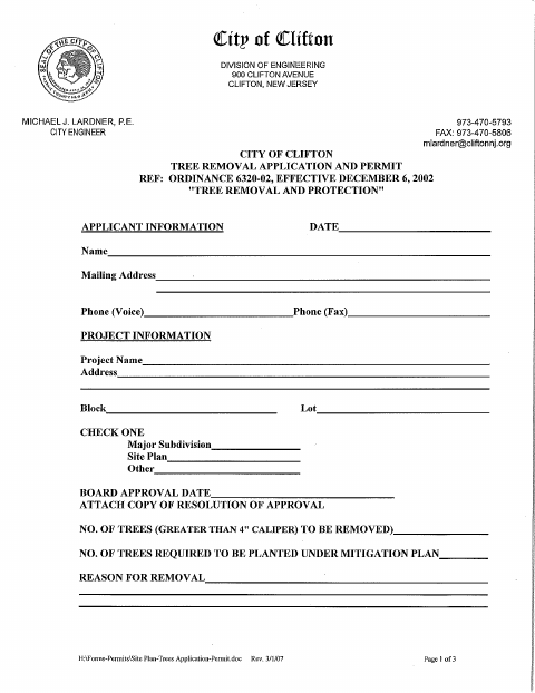 First page of the Tree Removal Application and Permit