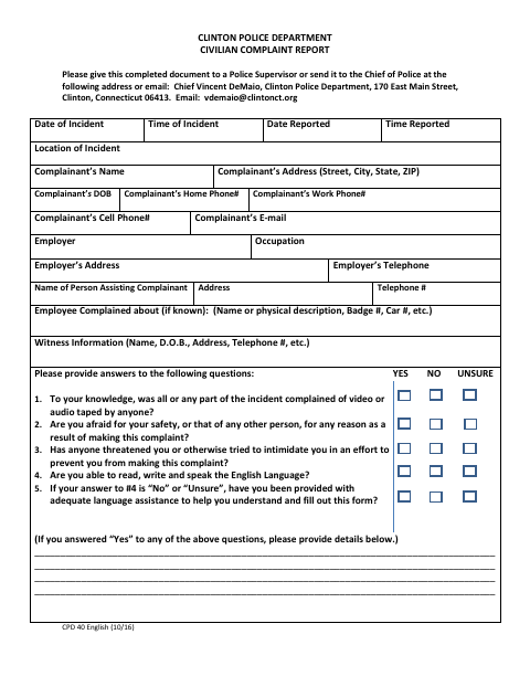 First page of the Civilian Complaint Report