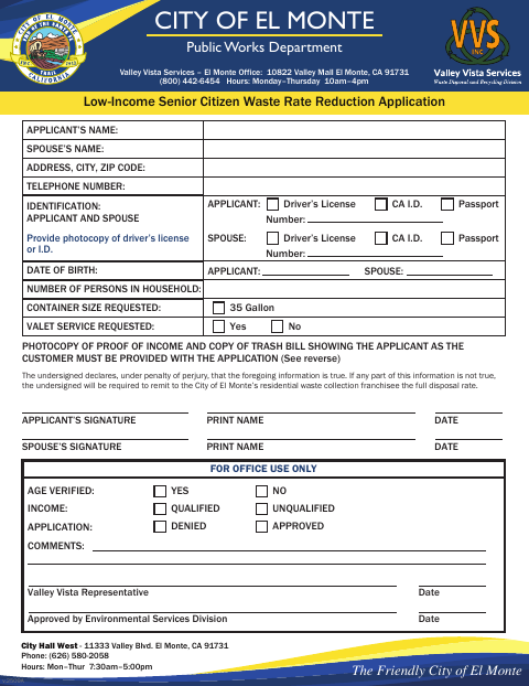 First page of the Low-Income Senior Citizen Residential Waste Rate Reduction Application