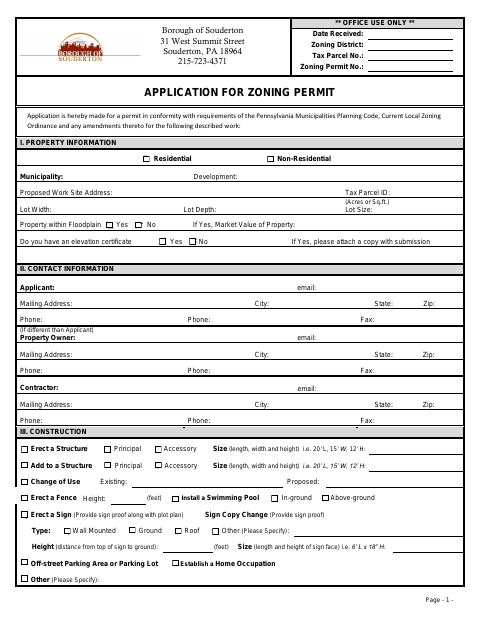 First page of the Application for Zoning Permit