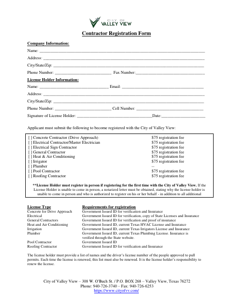 First page of the Contractor Registration Form