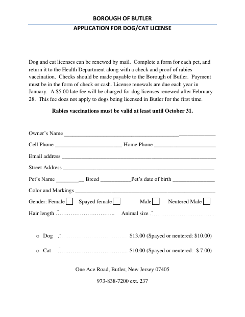 First page of the Dog/Cat License Application
