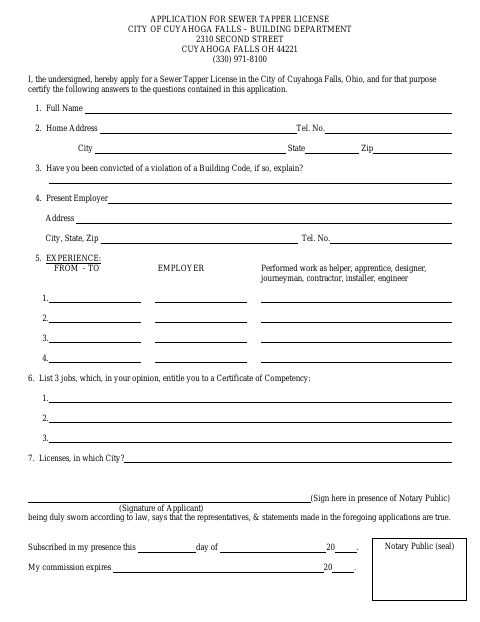 First page of the Sewer Tapper License Application