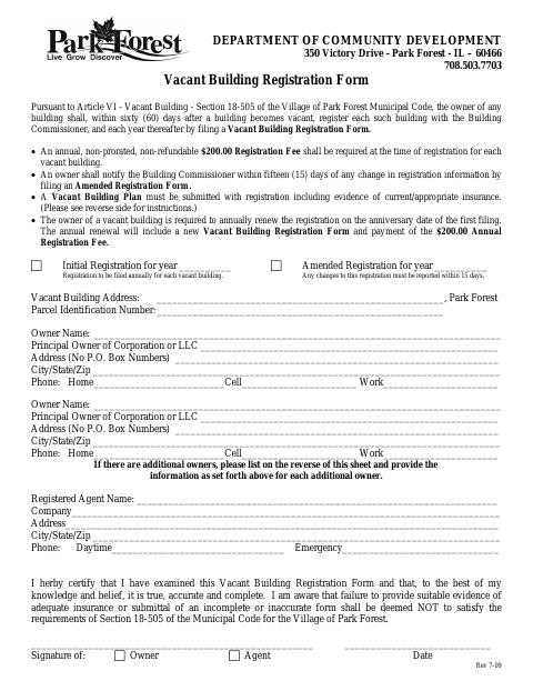 First page of the Vacant Building Registration Form