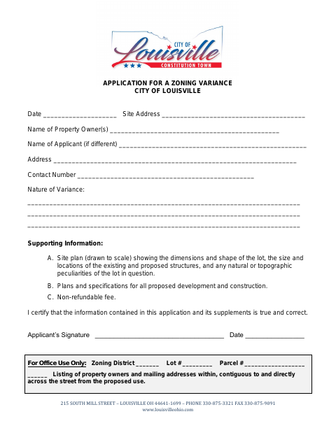 First page of the Application for a Zoning Variance