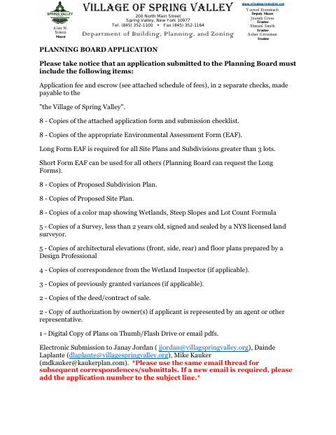 First page of the Planning Board Application