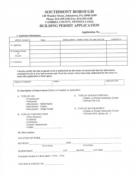 First page of the Building Permit Application