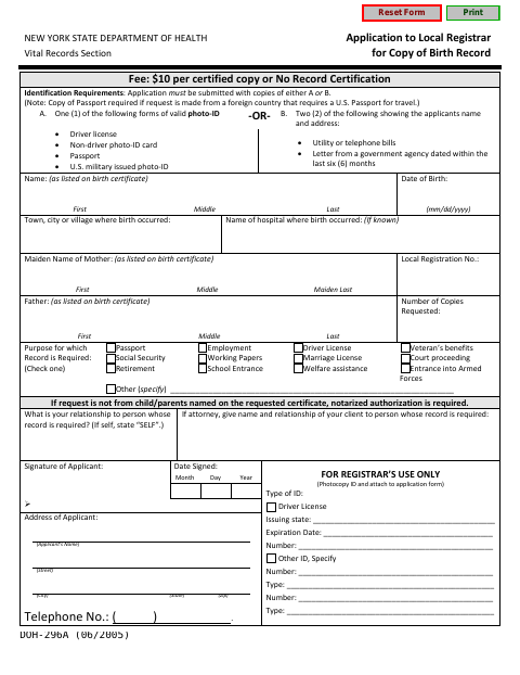 First page of the Application to Local Registrar for Copy of Birth Record