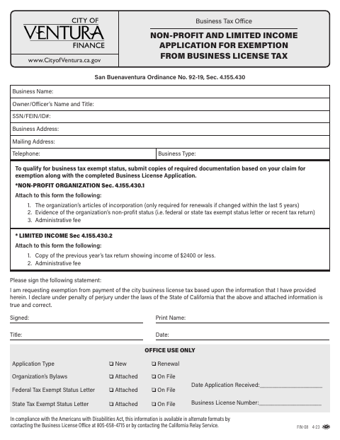 First page of the Non-Profit and Limited Income Application for Exemption from Business License Tax