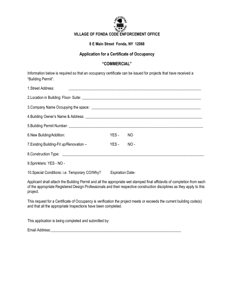First page of the Application for a Certificate of Occupancy Commercial