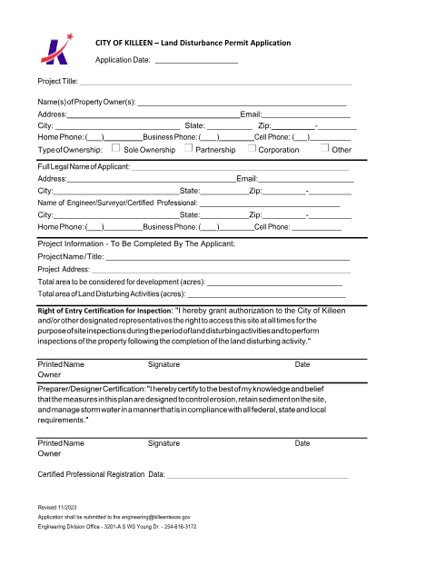 First page of the Land Disturbance Permit Application
