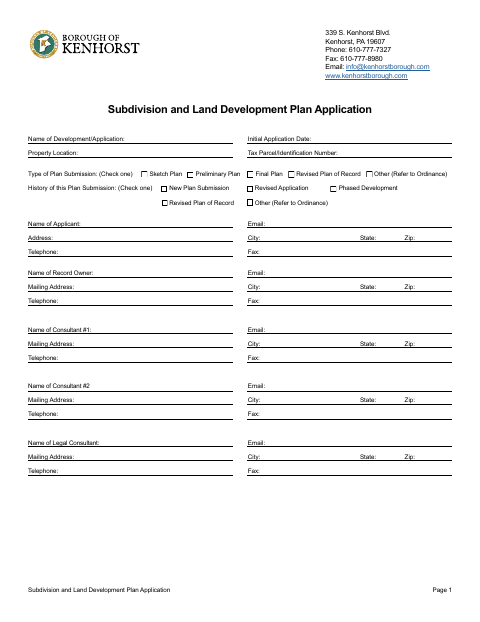 First page of the Subdivision and Land Development Plan Application