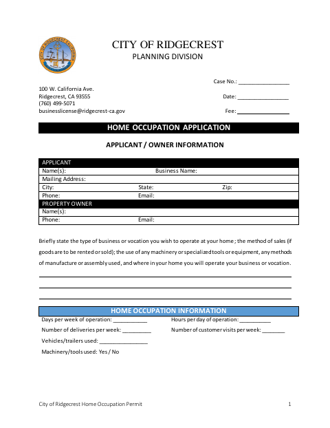 First page of the Home Occupation Permit