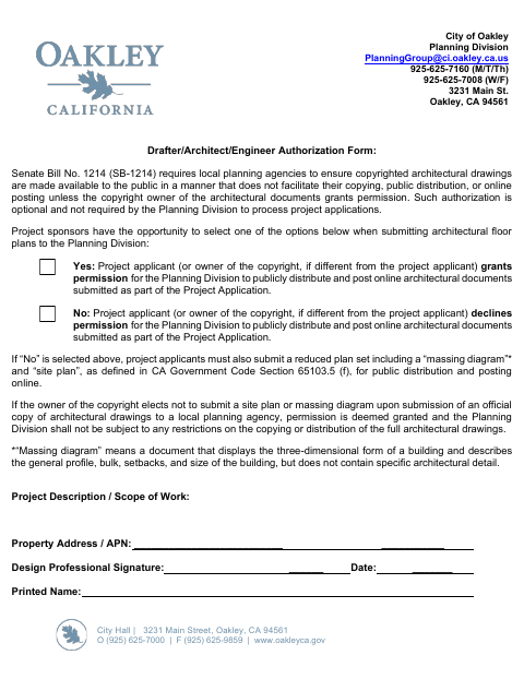 First page of the Drafter/Architect/Engineer Authorization Form