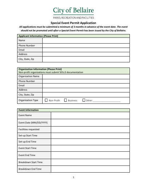 First page of the Special Event Permit Application