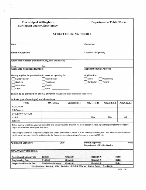 First page of the Street Opening Permit
