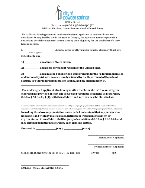 First page of the Affidavit Verifying Lawful Presence
