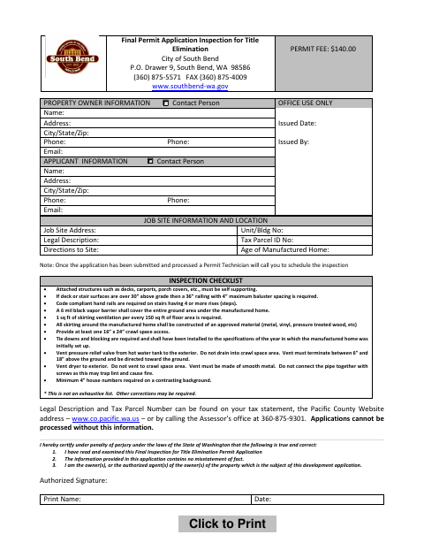 First page of the Final Inspection for Title Elimination Permit Application