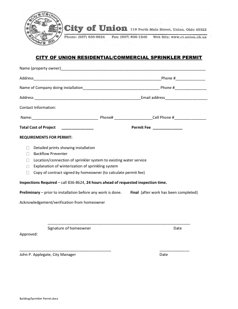 First page of the Residential/Commercial Sprinkler Permit