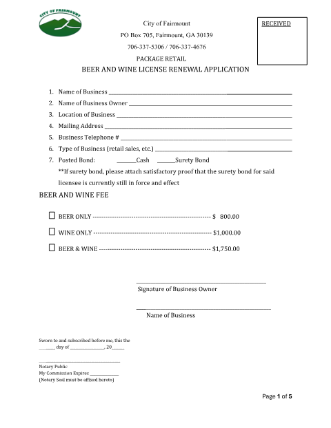 First page of the Package Retail Beer and Wine License Renewal Application