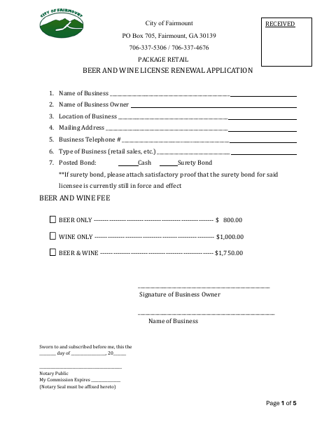 First page of the Package Retail Beer and Wine License Renewal Application