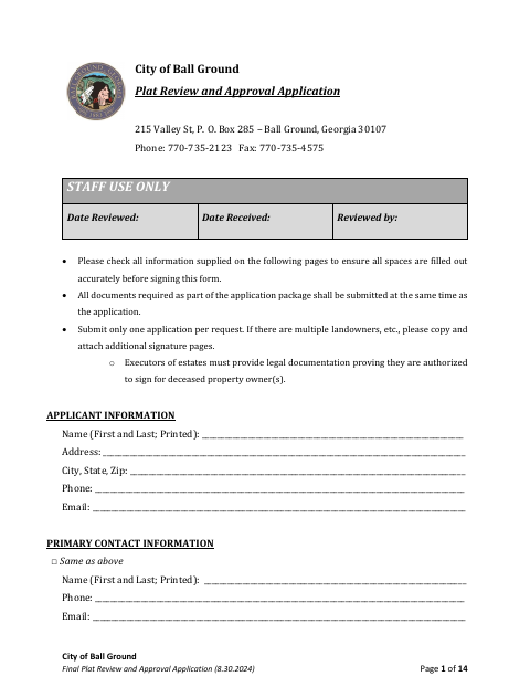 First page of the Final Plat Review And Approval Application