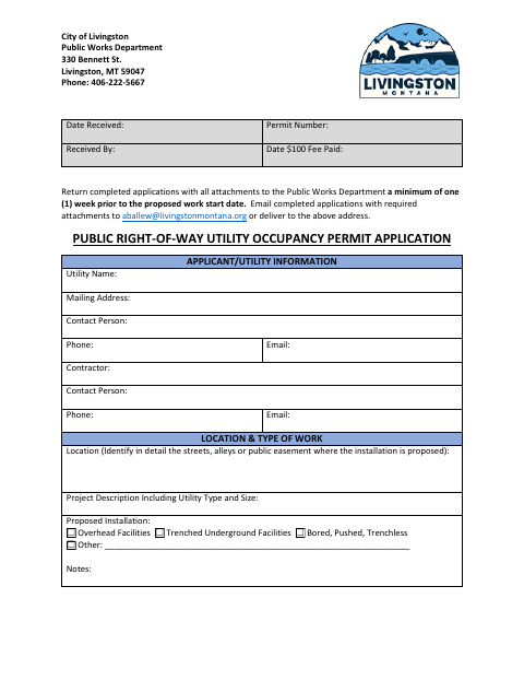 First page of the Public Right-of-Way Utility Occupancy Permit Application
