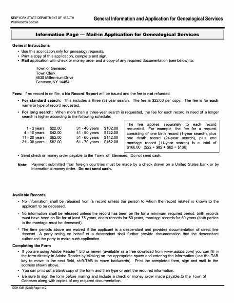 First page of the General Information and Application for Genealogical Services