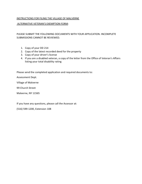 First page of the Application for Alternative Veterans Exemption from Real Property Taxation