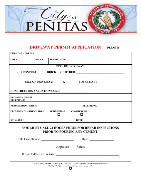 First page of the Driveway Permit Application