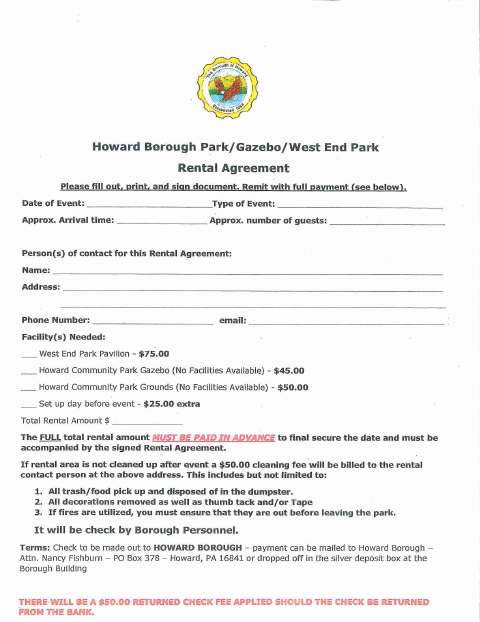 First page of the Park, Gazebo, and West End Park Rental Agreement