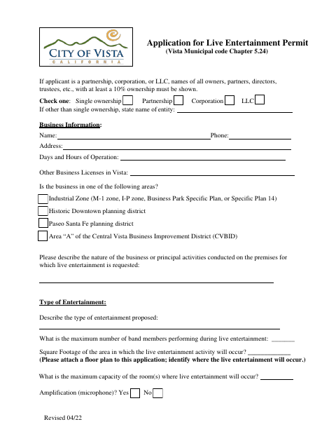 First page of the Application for Live Entertainment Permit