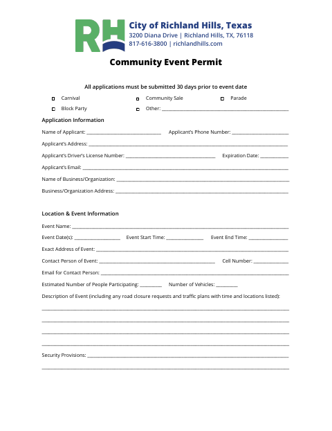 First page of the Community Event Permit Application