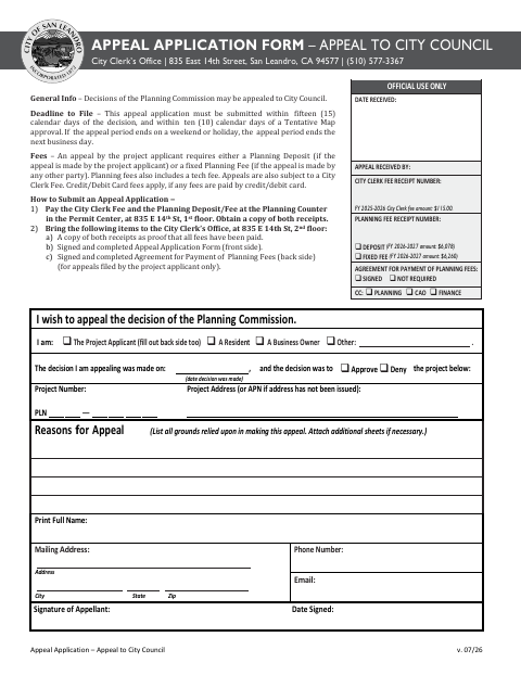 First page of the Appeal Application – Appeal to City Council
