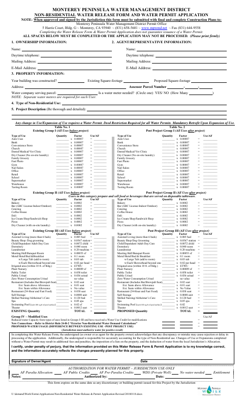 First page of the Non-Residential Water Release Form and Water Permit Application
