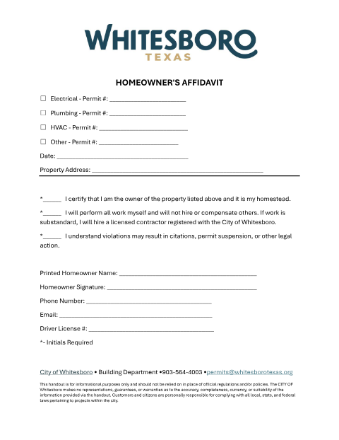 First page of the Homeowner Affidavit for Work