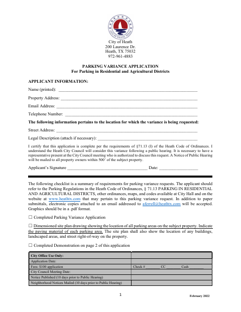 First page of the Parking Variance Application