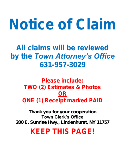 First page of the Notice of Claim Form