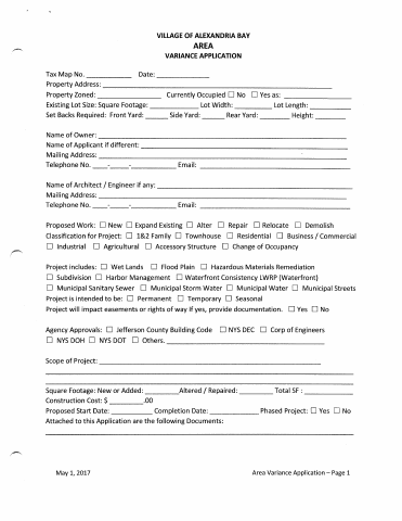 First page of the Area Variance Application