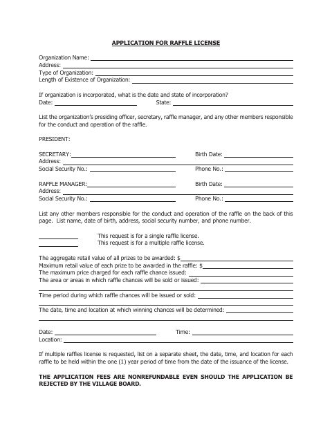 First page of the Raffle License Application