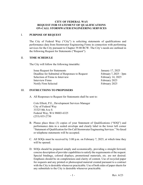 First page of the Request for Statement of Qualifications On-Call Stormwater Engineering Services