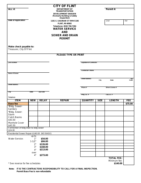 First page of the Water Service and Sewer and Drain Permit