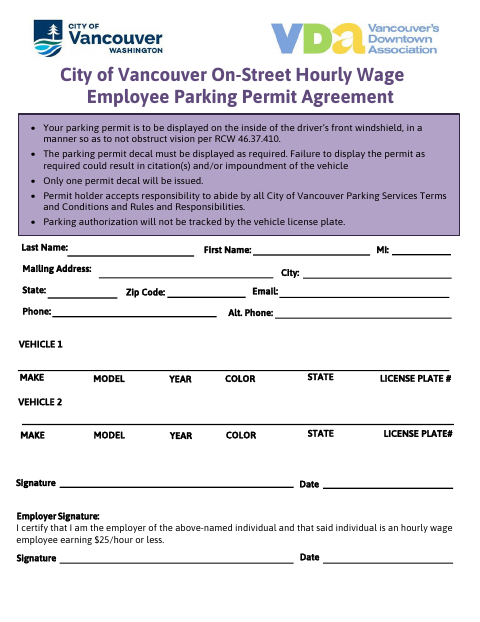 First page of the On-Street Hourly Wage Employee Parking Permit Agreement