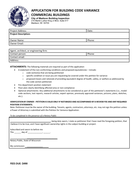 First page of the Commercial Building Code Variance Application