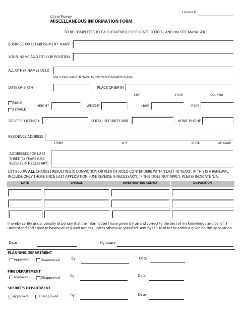 First page of the Miscellaneous Information Form