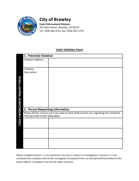 First page of the Code Enforcement Inquiry Form