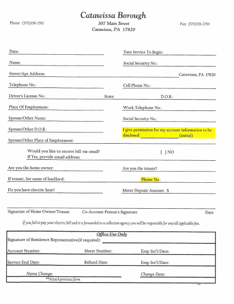 First page of the Meter Deposit Form