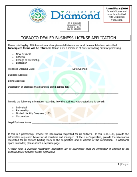 First page of the Tobacco Dealer Business License Application