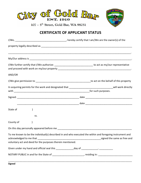 First page of the Certificate of Applicant Status